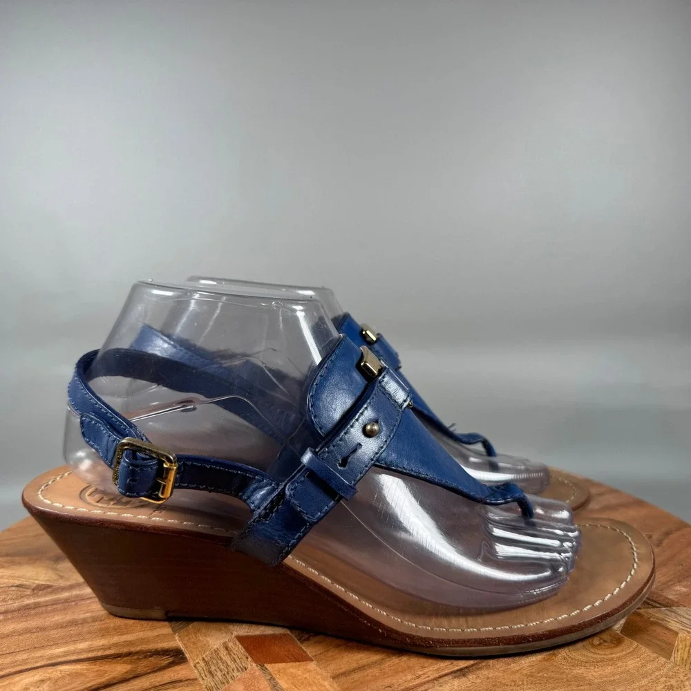 Tory Burch Miller Wedge Thong Sandals Blue Leather Gold Logo Size 9M